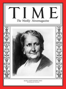 Time magazine cover with a black-and-white portrait of Maria Montessori framed by an ornate border, caption reads Maria Montessori (1931).